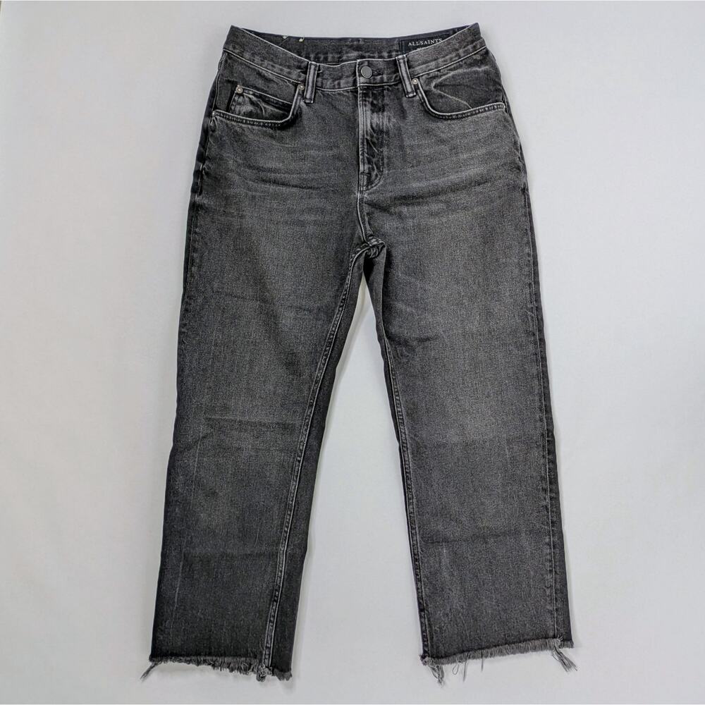 AllSaints Mazzy Straight Leg Jeans 29 Black Cropped Mid Rise Raw Hem Cotton UK